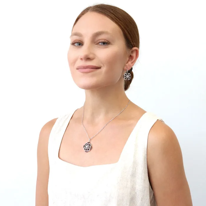 Necklaces BERRICLE Flower Black White CZ Necklace in Sterling Silver