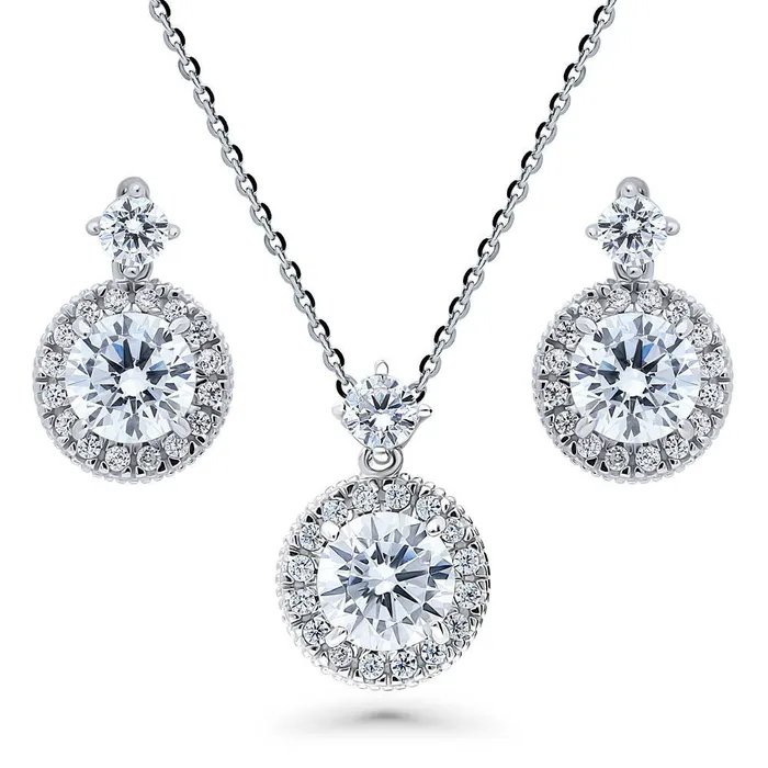 Necklaces BERRICLE Halo Milgrain CZ Necklace and Earrings in Sterling Silver Necklaces BERRICLE Halo Milgrain CZ Necklace and Earrings in Sterling Silver