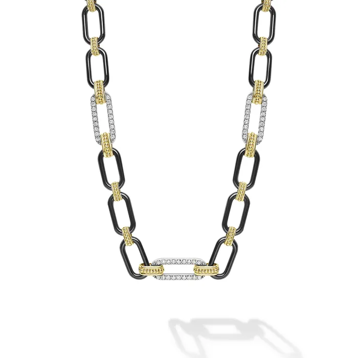 Necklaces LAGOS Signature Caviar 18K Gold and Black Ceramic Three Diamond Station Link Necklace 6mm Necklaces LAGOS Signature Caviar 18K Gold and Black Ceramic Three Diamond Station Link Necklace 6mm