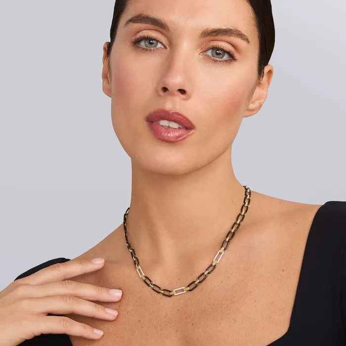Necklaces LAGOS Signature Caviar 18K Gold and Black Ceramic Three Diamond Station Link Necklace 6mm Necklaces LAGOS Signature Caviar 18K Gold and Black Ceramic Three Diamond Station Link Necklace 6mm