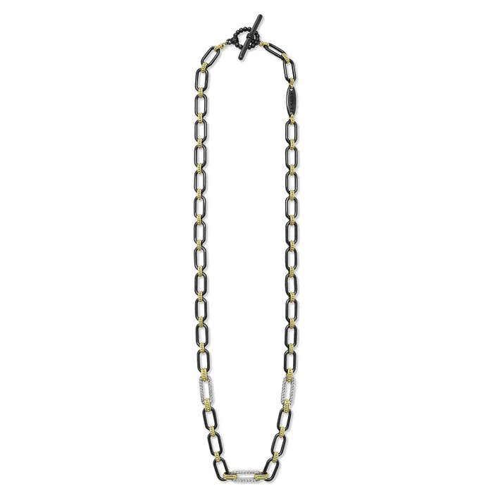 Necklaces LAGOS Signature Caviar 18K Gold and Black Ceramic Three Diamond Station Link Necklace 6mm Necklaces LAGOS Signature Caviar 18K Gold and Black Ceramic Three Diamond Station Link Necklace 6mm