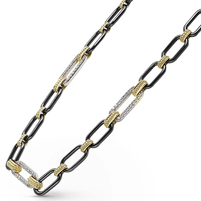 Necklaces LAGOS Signature Caviar 18K Gold and Black Ceramic Three Diamond Station Link Necklace 6mm Necklaces LAGOS Signature Caviar 18K Gold and Black Ceramic Three Diamond Station Link Necklace 6mm