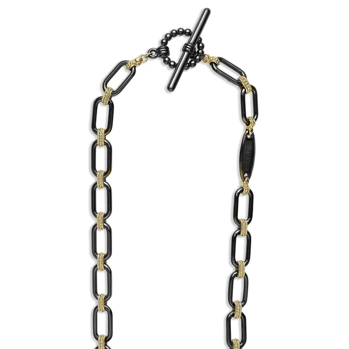 Necklaces LAGOS Signature Caviar 18K Gold and Black Ceramic Three Diamond Station Link Necklace 6mm Necklaces LAGOS Signature Caviar 18K Gold and Black Ceramic Three Diamond Station Link Necklace 6mm