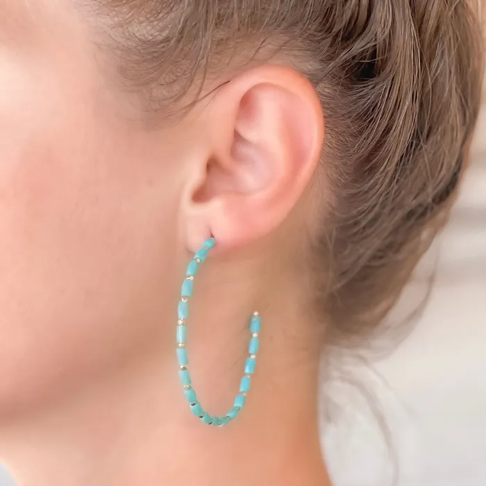 Prep Obsessed CT Earrings Beaded Gold Skinny Open Hoop Earrings Aqua