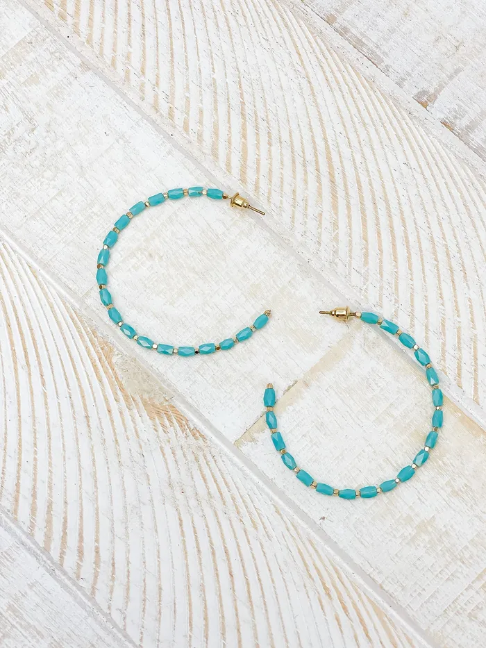 Prep Obsessed CT Earrings Beaded Gold Skinny Open Hoop Earrings Aqua