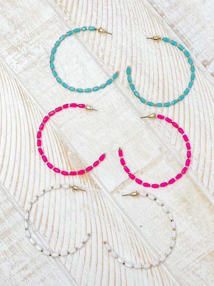 Prep Obsessed CT Earrings Beaded Gold Skinny Open Hoop Earrings Aqua