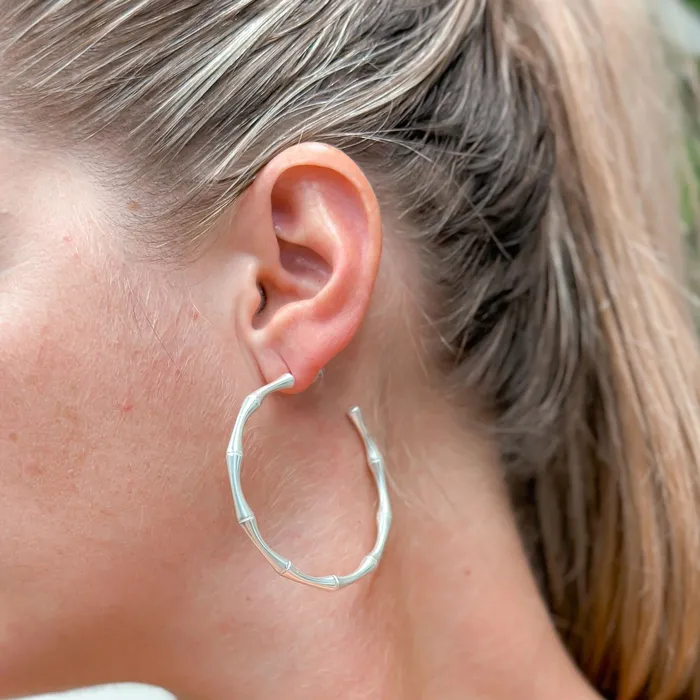 Prep Obsessed TS Earrings Bamboo Matte Metal Hoop Earrings Silver