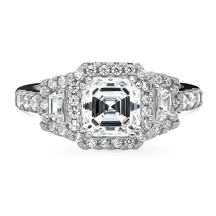 Rings BERRICLE Halo 3Stone 16ct Asscher CZ Ring in Sterling Silver