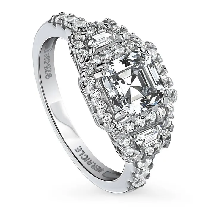 Rings BERRICLE Halo 3Stone 16ct Asscher CZ Ring in Sterling Silver
