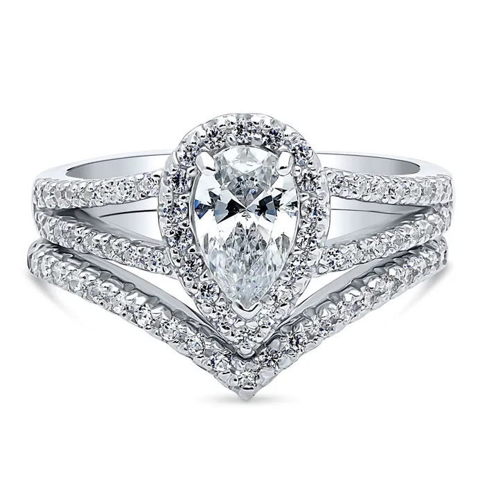 Rings BERRICLE Halo Wishbone Pear CZ Split Shank Ring Set in Sterling Silver