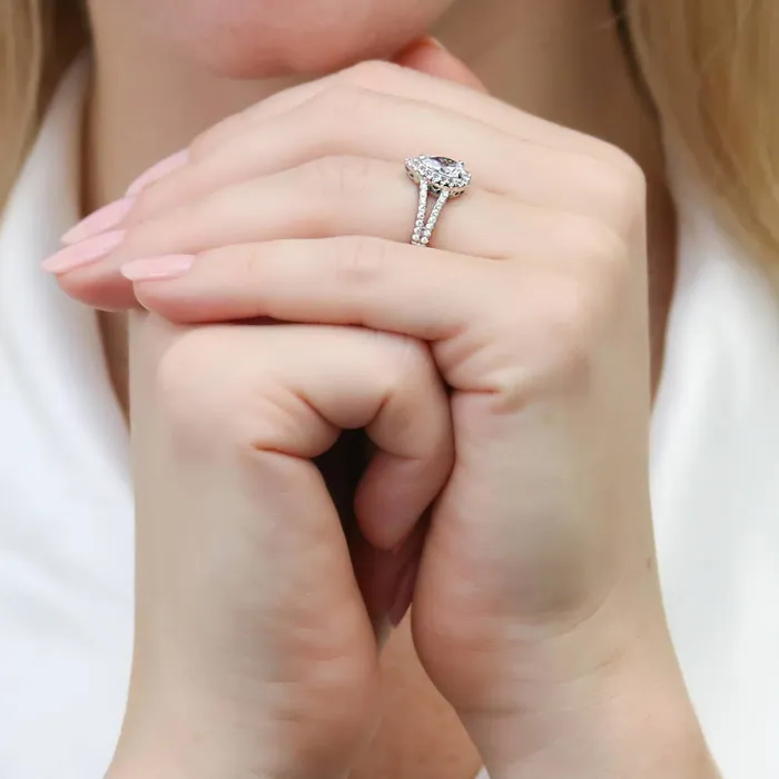 Rings BERRICLE Halo Wishbone Pear CZ Split Shank Ring Set in Sterling Silver