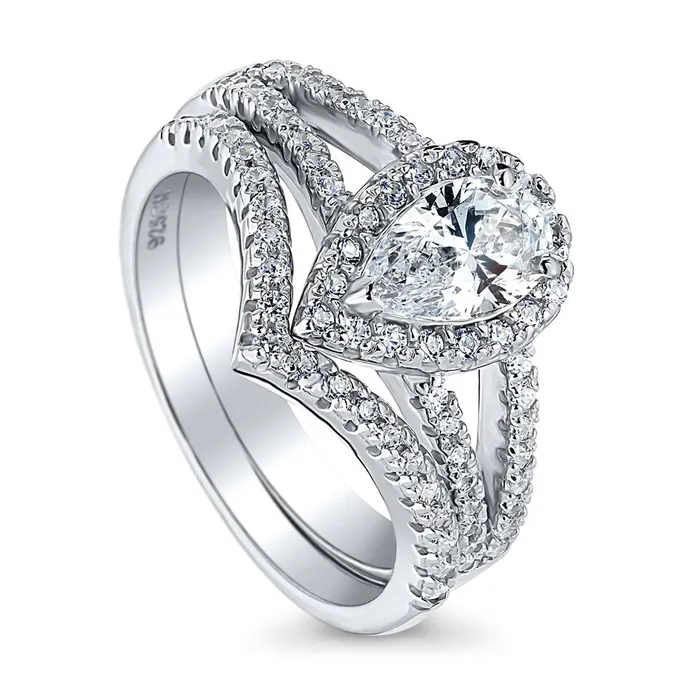 Rings BERRICLE Halo Wishbone Pear CZ Split Shank Ring Set in Sterling Silver