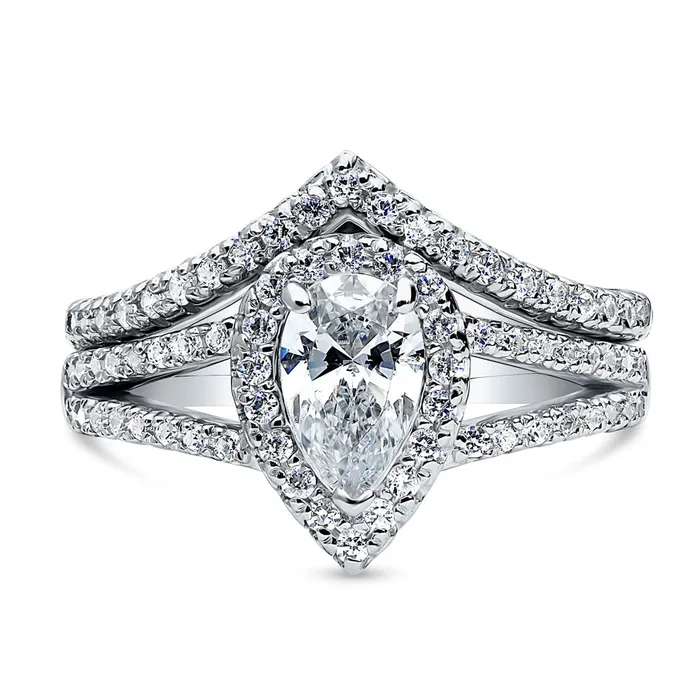 Rings BERRICLE Halo Wishbone Pear CZ Split Shank Ring Set in Sterling Silver