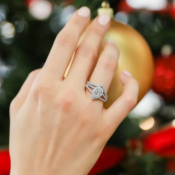 Rings BERRICLE Halo Wishbone Pear CZ Split Shank Ring Set in Sterling Silver