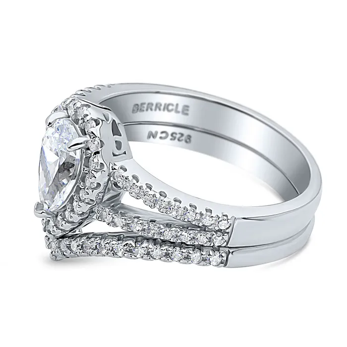 Rings BERRICLE Halo Wishbone Pear CZ Split Shank Ring Set in Sterling Silver