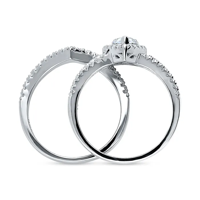 Rings BERRICLE Halo Wishbone Pear CZ Split Shank Ring Set in Sterling Silver