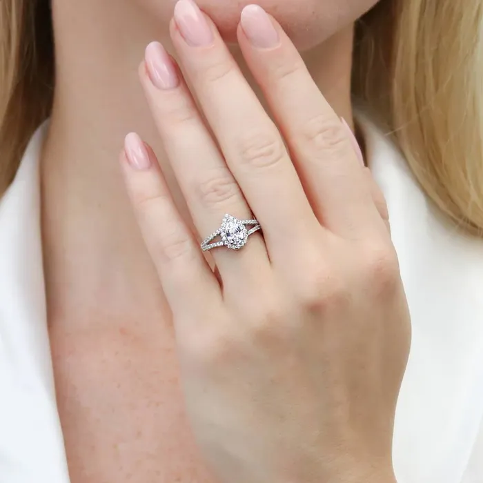 Rings BERRICLE Halo Wishbone Pear CZ Split Shank Ring Set in Sterling Silver