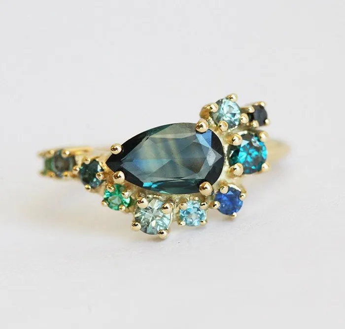 Rings capucinne Freyja Pear Sapphire Topaz Emerald Diamond Cluster Ring