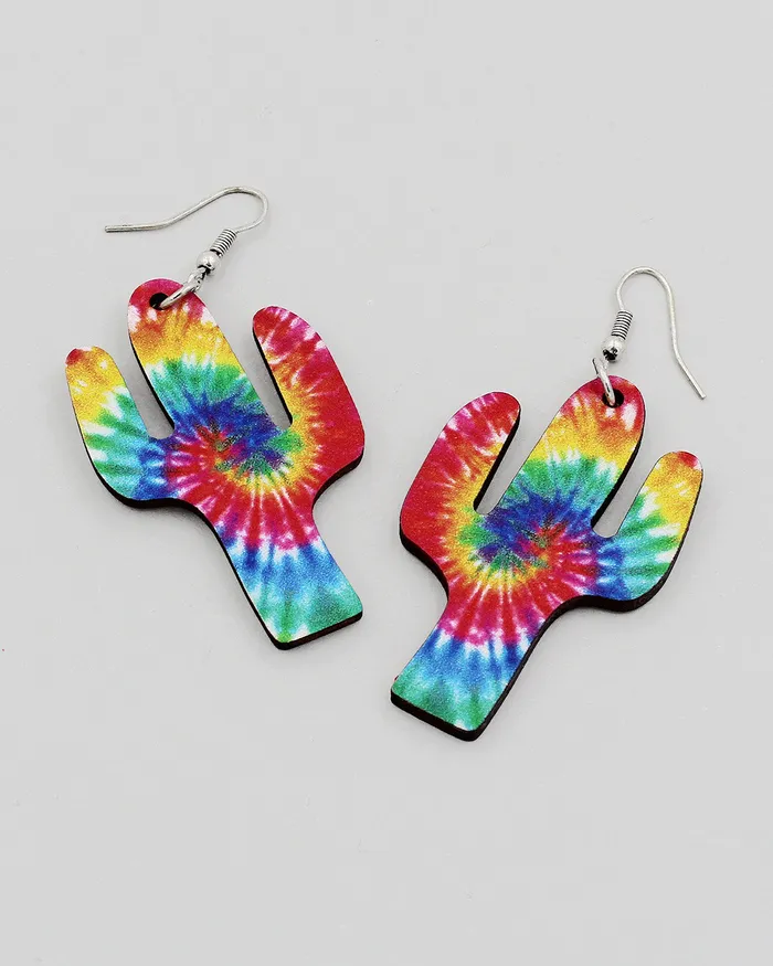 Tie Dye Print Wooden Cactus Earrings CHECK2024 Earrings