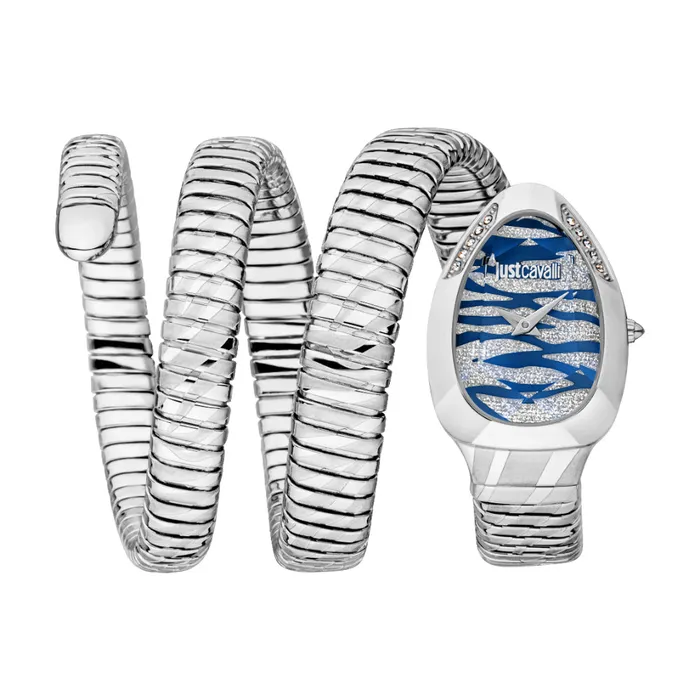 Watches Just Cavalli Just Cavalli Snake Shape Womens Silver Watch with Dark Blue Dial Watches Just Cavalli Just Cavalli Snake Shape Womens Silver Watch with Dark Blue Dial