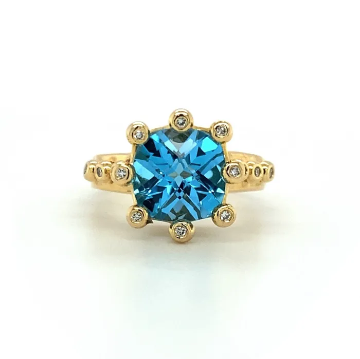 14K Swiss Blue Topaz and Diamond Crown Ring Q Evon Rings
