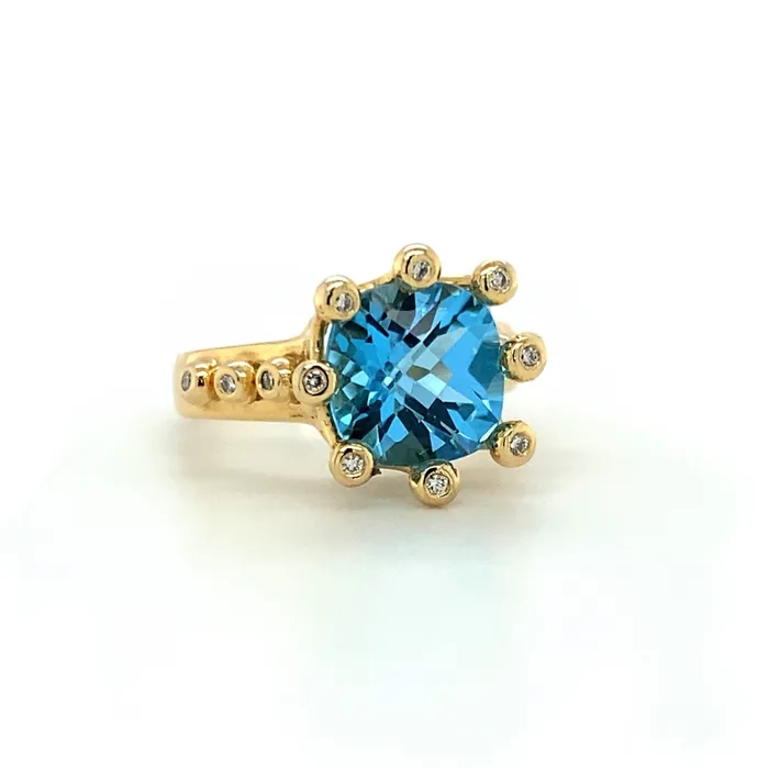 14K Swiss Blue Topaz and Diamond Crown Ring Q Evon Rings