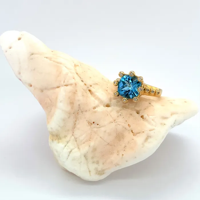 14K Swiss Blue Topaz and Diamond Crown Ring Q Evon Rings