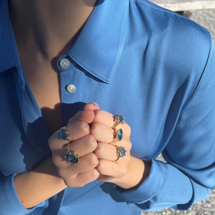 14K Swiss Blue Topaz and Diamond Crown Ring Q Evon Rings
