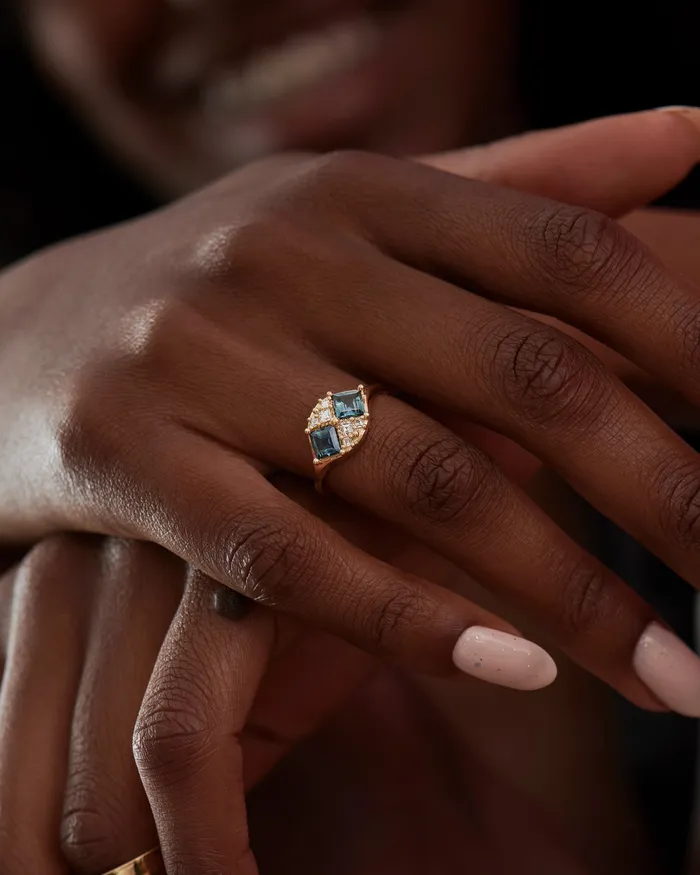ARTEMER Rings Mirage Teal Sapphire and Diamond Carre Cut Engagement Ring