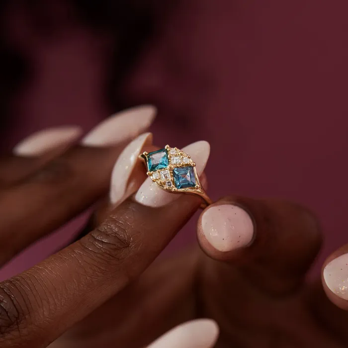 ARTEMER Rings Mirage Teal Sapphire and Diamond Carre Cut Engagement Ring