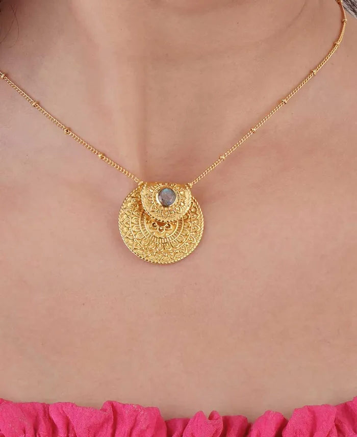 Buddha Groove Jewelry Necklaces Inspirational Gold Plated Mandala Necklace with Labradorite Gemstone