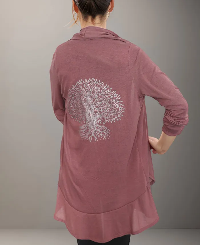 Buddha Groove Necklaces Light Weight Tree of Life Design Womens Long Sleeves Ruffle Cardigan in Dusty Rose