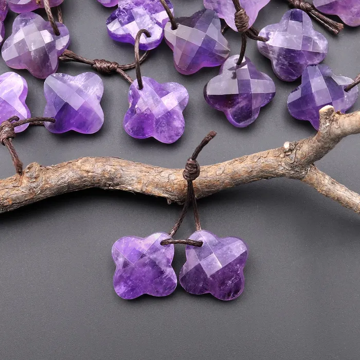 Carved Natural Purple Amethyst Four Leaf Clover Earring Pair Matched Gemstone Beads Intrinsic Trading Earrings Carved Natural Purple Amethyst Four Leaf Clover Earring Pair Matched Gemstone Beads Intrinsic Trading Earrings