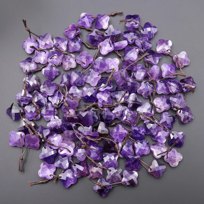 Carved Natural Purple Amethyst Four Leaf Clover Earring Pair Matched Gemstone Beads Intrinsic Trading Earrings