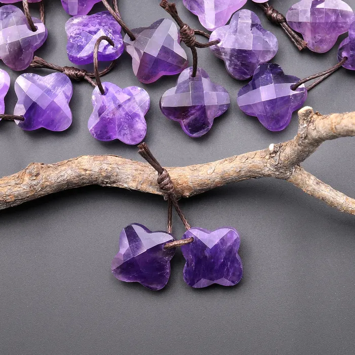 Carved Natural Purple Amethyst Four Leaf Clover Earring Pair Matched Gemstone Beads Intrinsic Trading Earrings
