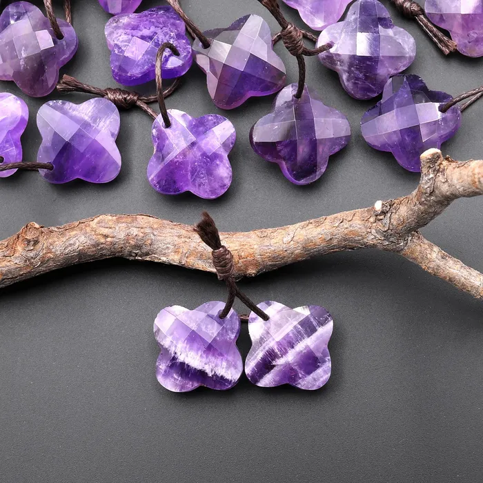 Carved Natural Purple Amethyst Four Leaf Clover Earring Pair Matched Gemstone Beads Intrinsic Trading Earrings