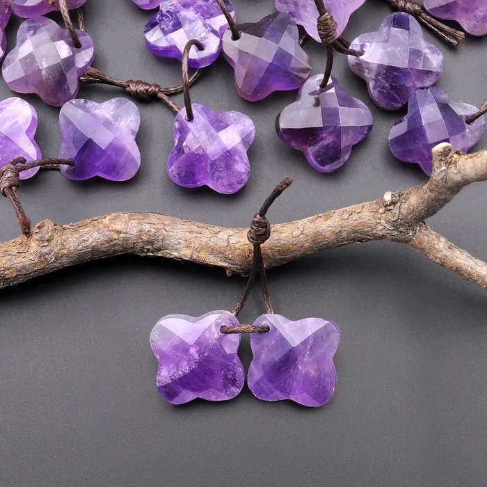 Carved Natural Purple Amethyst Four Leaf Clover Earring Pair Matched Gemstone Beads Intrinsic Trading Earrings