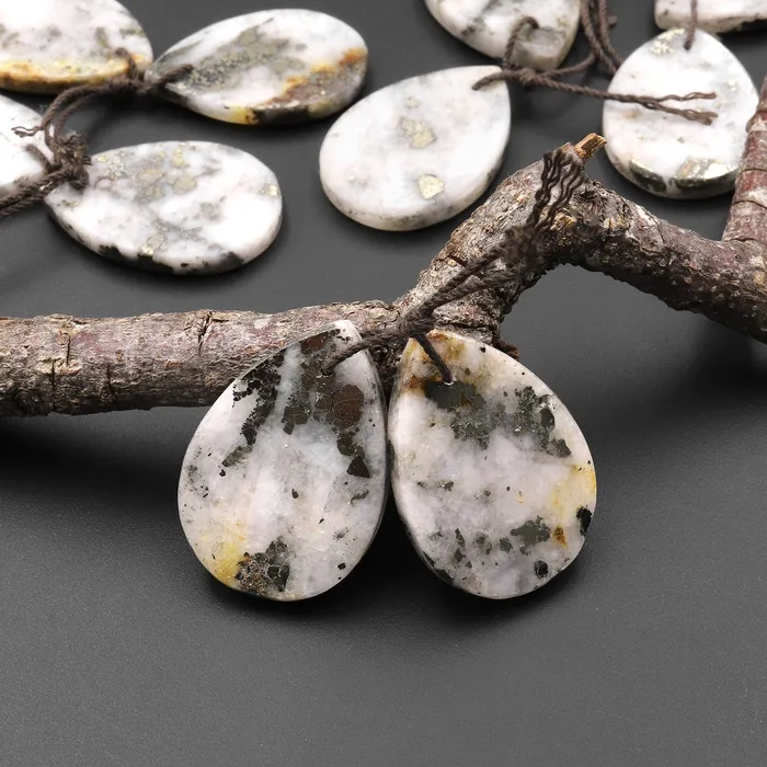 Earrings Intrinsic Trading Rare Natural Golden Pyrite in Quartz Earring Pair Flat Teardrop Cabochon Pair Drilled Matched Gemstone Beads A6