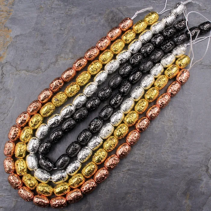 Earrings Intrinsic Trading Titanium Lava Drum Cylinder Tube Barrel Bead 14x10mm Natural Volcanic Rock Metallic Gold Silver Gunmetal Rose Gold Electroplated 155 Strand