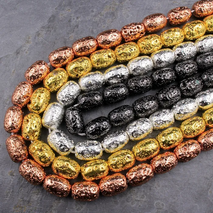 Earrings Intrinsic Trading Titanium Lava Drum Cylinder Tube Barrel Bead 14x10mm Natural Volcanic Rock Metallic Gold Silver Gunmetal Rose Gold Electroplated 155 Strand