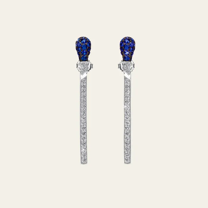 Earrings Match Sapphire Diamond Earrings Hand crafted in 18k white gold and set with white pave diamonds on stick and blue sapphire pave on head Earrings Match Sapphire Diamond Earrings Hand crafted in 18k white gold and set with white pave diamonds on stick and blue sapphire pave on head