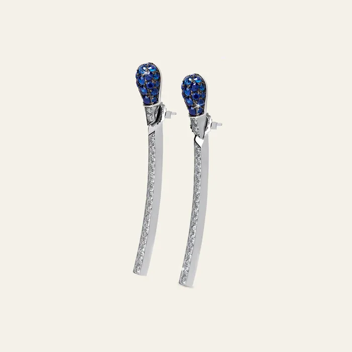 Earrings Match Sapphire Diamond Earrings Hand crafted in 18k white gold and set with white pave diamonds on stick and blue sapphire pave on head