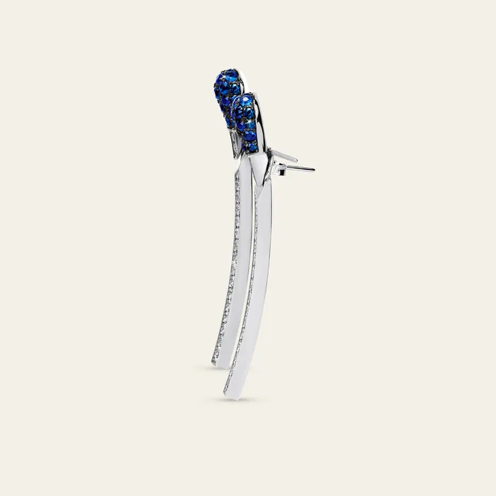 Earrings Match Sapphire Diamond Earrings Hand crafted in 18k white gold and set with white pave diamonds on stick and blue sapphire pave on head