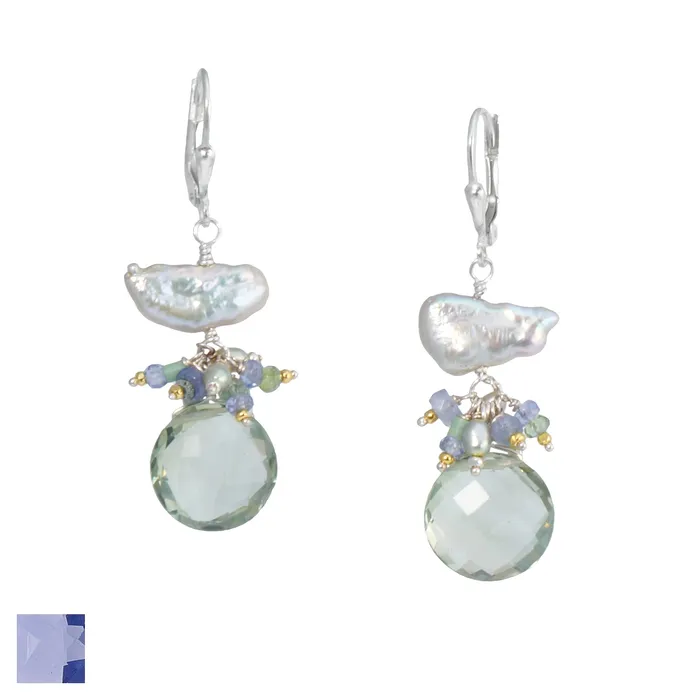 Earrings Q Evon Keshi Pearl Earrings with Iolite or Green Amethyst