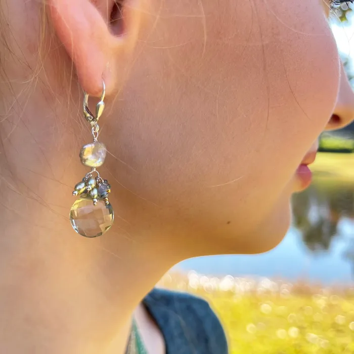 Earrings Q Evon Keshi Pearl Earrings with Iolite or Green Amethyst