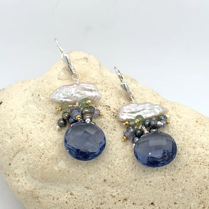 Earrings Q Evon Keshi Pearl Earrings with Iolite or Green Amethyst