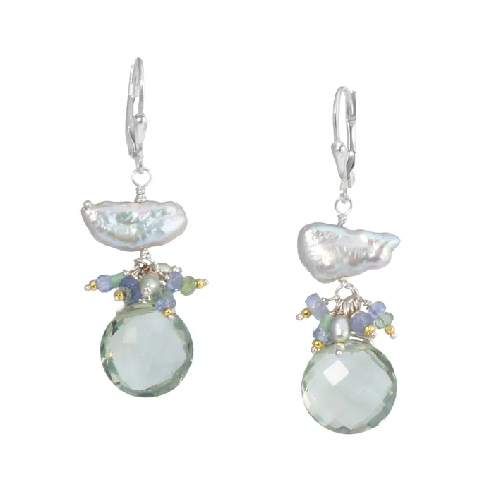 Earrings Q Evon Keshi Pearl Earrings with Iolite or Green Amethyst