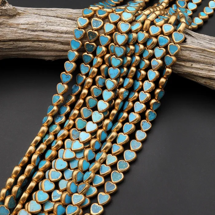 Genuine Natural Blue Turquoise Gold Copper Edging Heart Beads Choose from 5pcs 10pcs 155 Strand Intrinsic Trading Necklaces