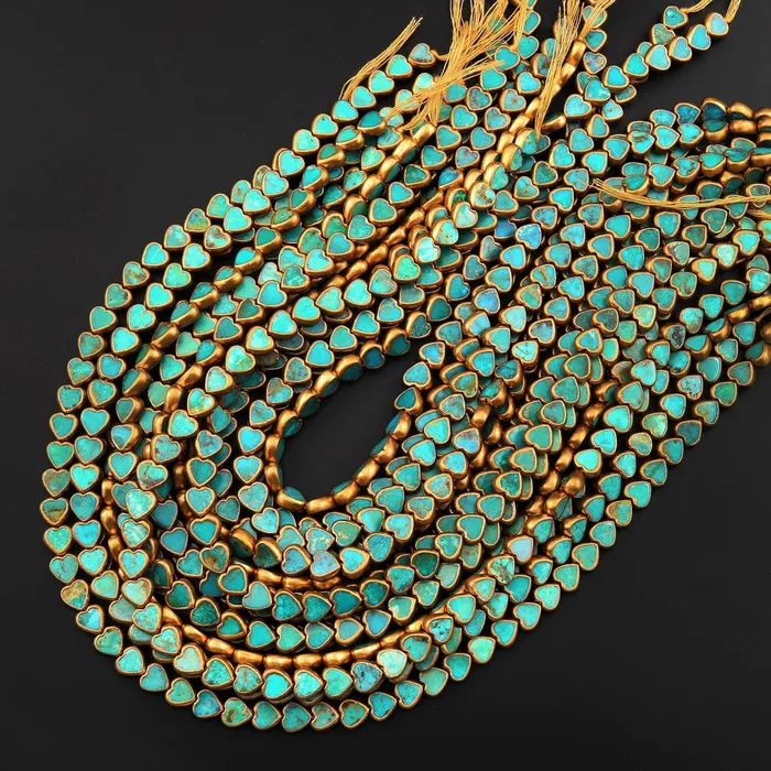 Genuine Natural Blue Turquoise Gold Copper Edging Heart Beads Choose from 5pcs 10pcs 155 Strand Intrinsic Trading Necklaces