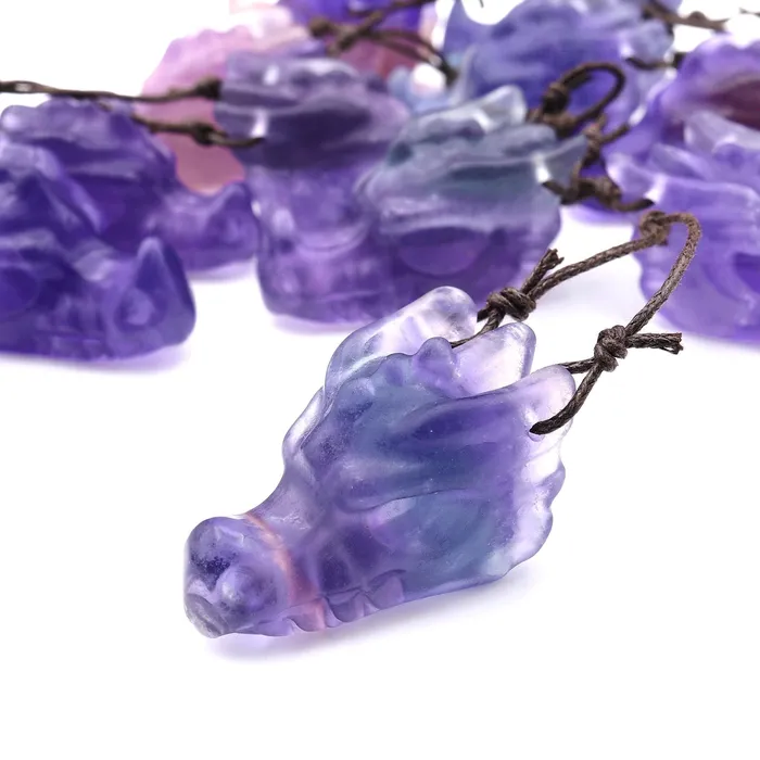Hand Carved Dragon Skull Natural Fluorite Drilled Gemstone Pendant Intrinsic Trading Necklaces